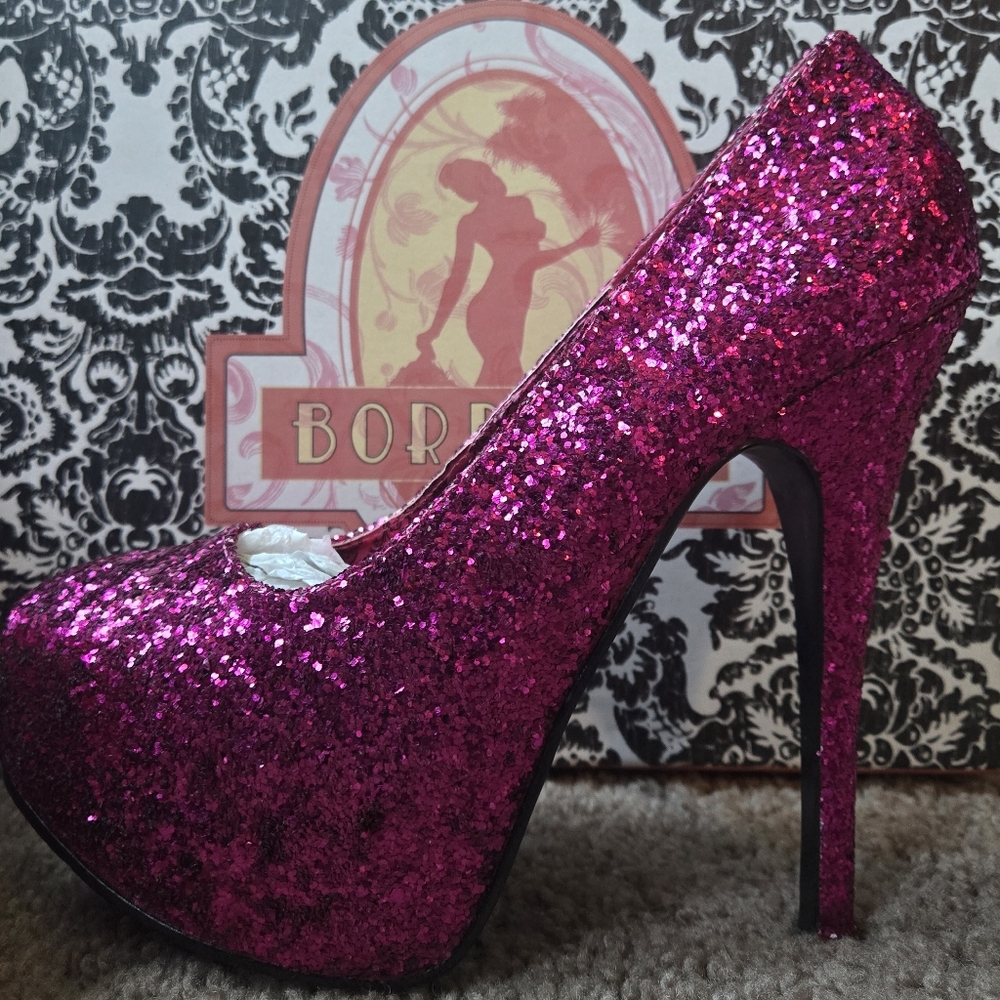 Nib Bordello hot pink glitter platform stilettos